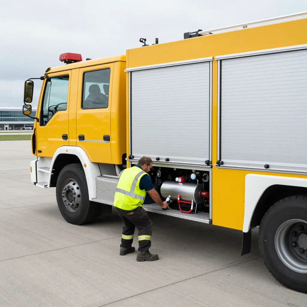 Used airport fire truck for sale undergoing a chassis and foam tank inspection on an airport apron