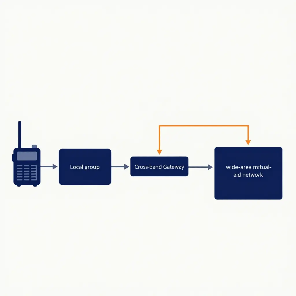 Minimalist 2D schematic showing a command vehicle radio block connected by signal-flow arrows through a local talkgroup and a cross-band gateway block to a broader mutual-aid emergency communications network
