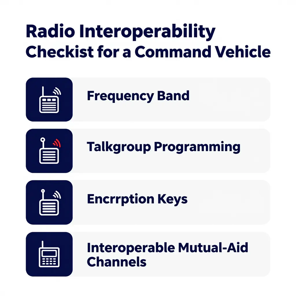 Radio interoperability verification checklist for a command vehicle covering frequency band, talkgroup programming, encryption keys, and interoperable mutual-aid channels