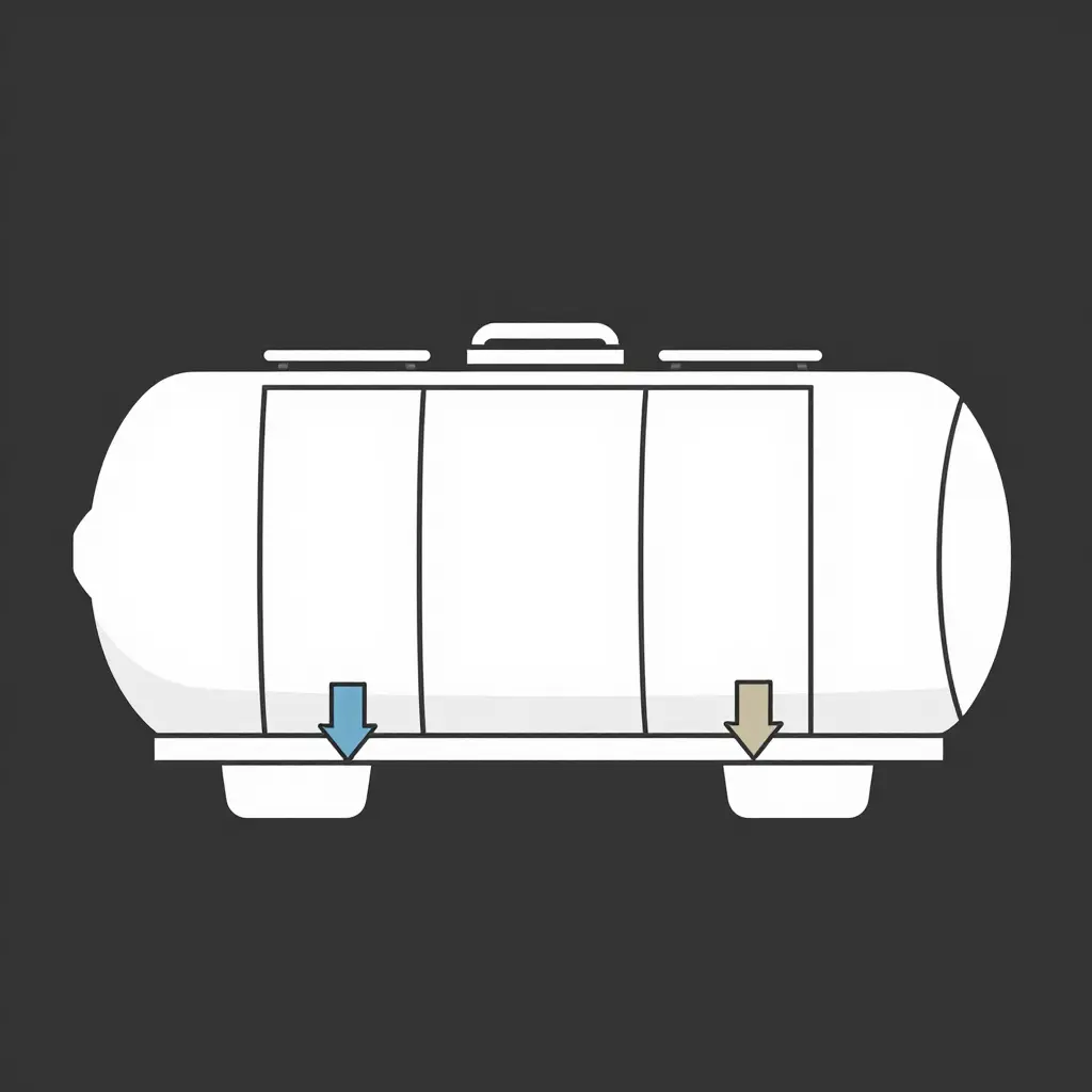 Cross-section diagram of a fire apparatus water tank showing the tank shell, internal baffles, bulkheads, and liner layer, with arrows marking common failure zones such as baffle-seam delamination and bulkhead weld areas