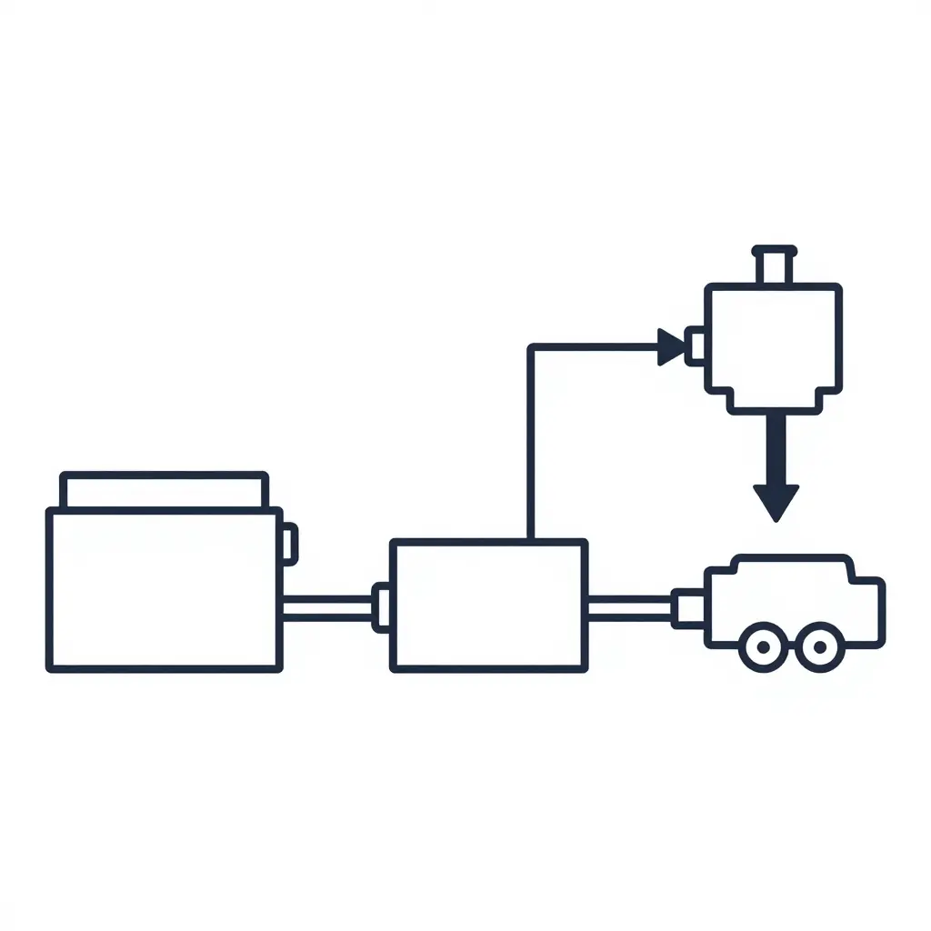 Minimalist two-dimensional line-art schematic of a fire engine pump drivetrain showing the engine-to-transfer-case-to-pump power path and the intake-to-discharge water flow