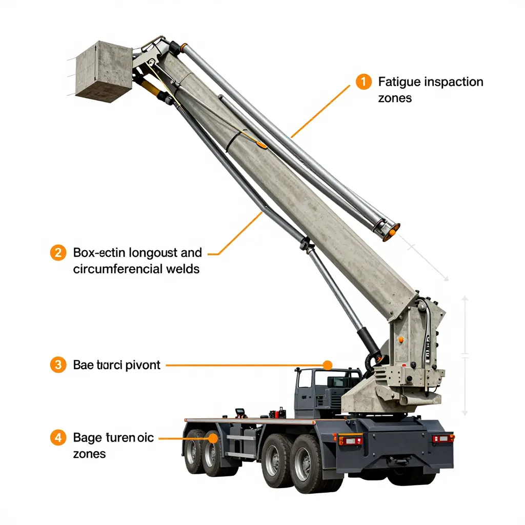 Technical cutaway of a concrete pump truck boom highlighting four fatigue inspection zones: box-section welds, pin bosses at hinge points, the base turret pivot, and the boom-to-turret connection plate.