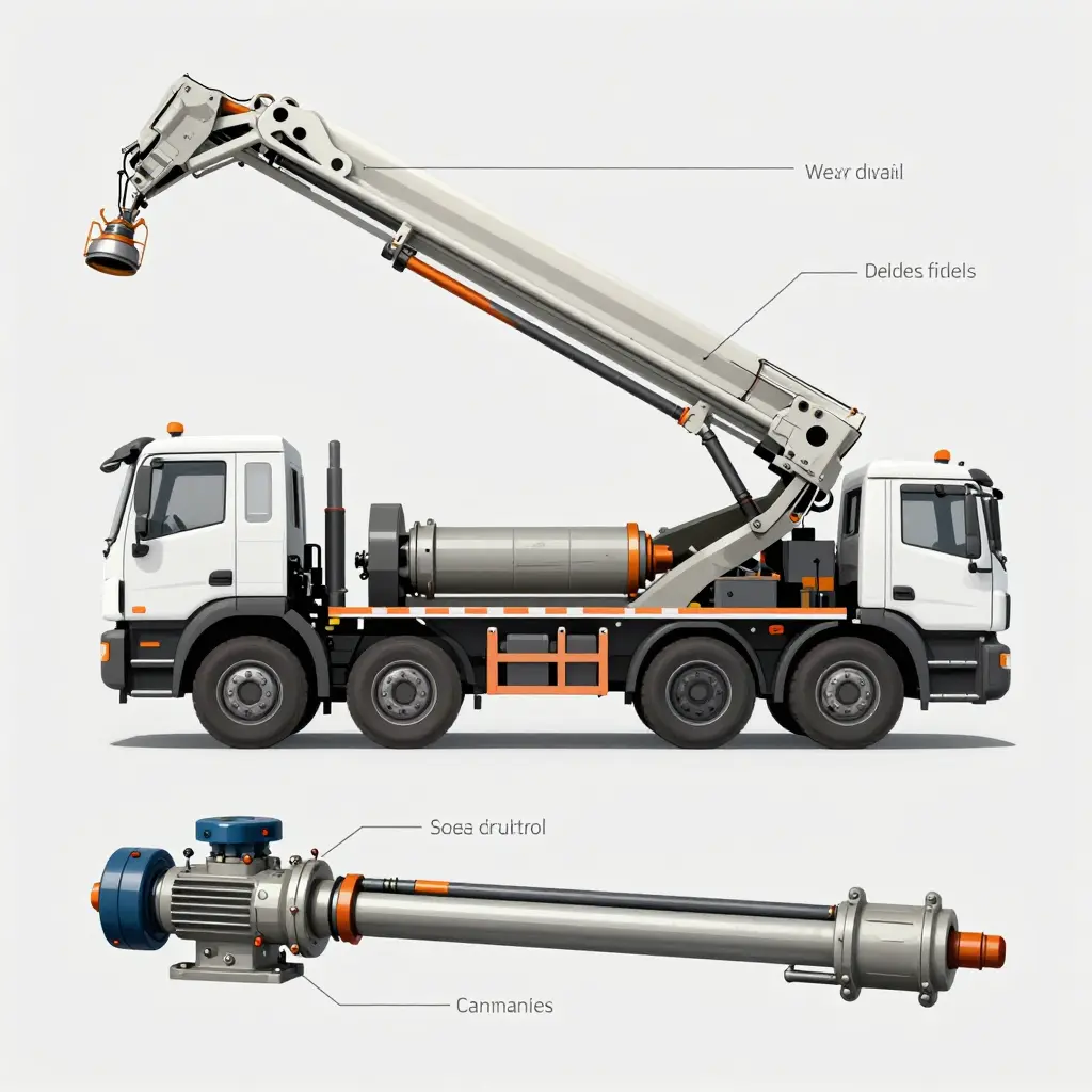 Diagram of a used pump truck highlighting hydraulic pump wear, boom cracks, cylinder seals and control valve wear points