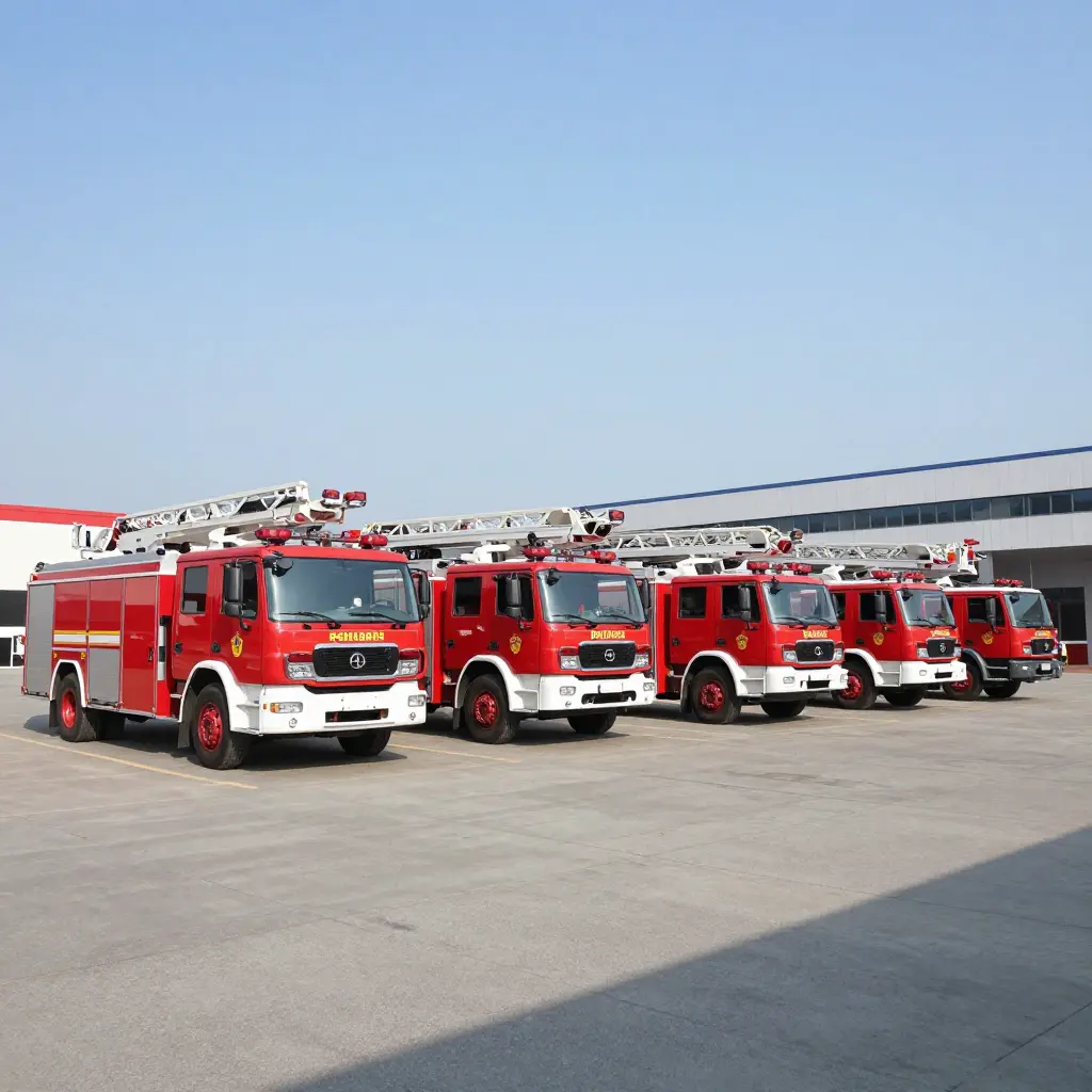 Fire trucks lined up at a fire apparatus dealer inventory lot for immediate delivery