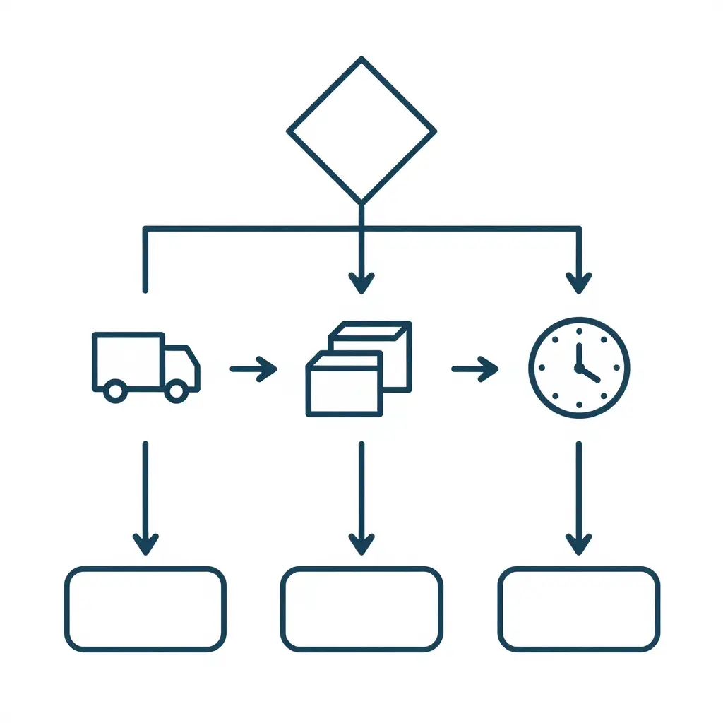 2D flow diagram showing a starting decision point branching into three fire truck purchasing pathways: OEM direct order, dealer stock, and build slot reservation