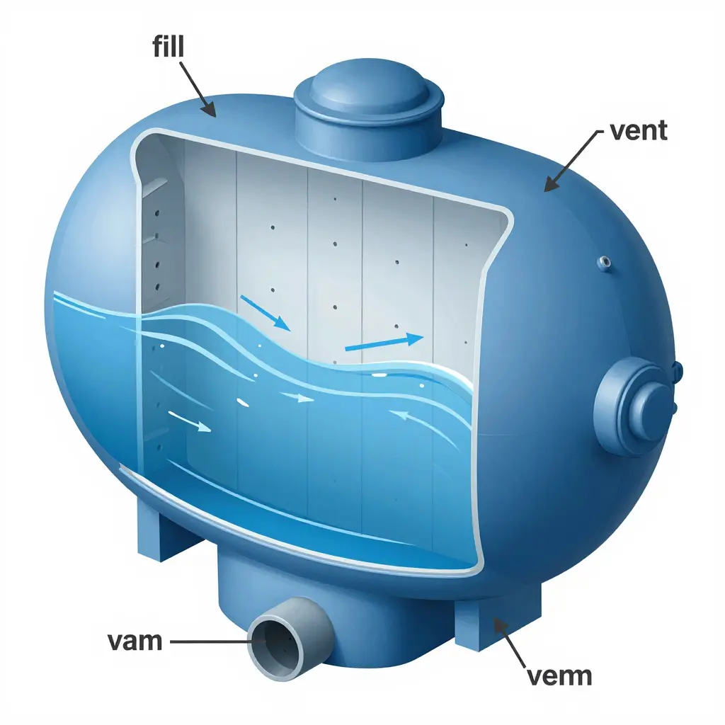 Baffled water tank cross-section diagram showing internal baffle walls, fill dome, vent, and sump outlet on a wildfire truck